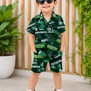 14 August 2 Pcs Boy's Dhanak Printed Shirt And Shorts Set