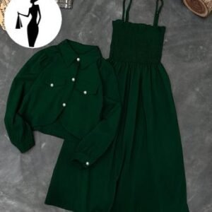 Green Linen 2Pcs Frock & Jacket Set