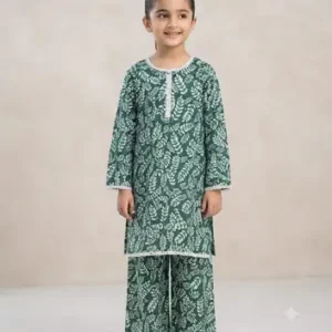 2 Pcs Girl's Cotton Printed Shirt And Trouser Suit