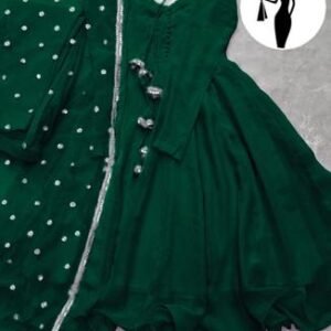 Green V-Neck Chiffon Maxi Suit 3Pcs With Lace Dupatta