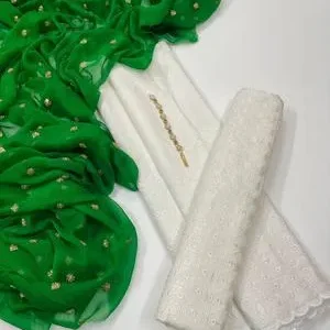 White Lawn 3-Piece Suit with Green Chiffon Dupatta