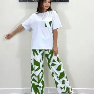 Women Printed Green White Night Suit Polyster Dry Fit Medium to XL